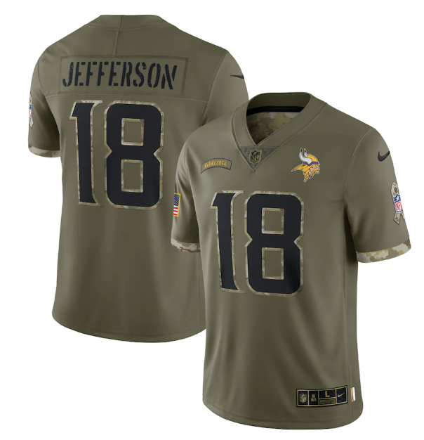 Men's Minnesota Vikings #18 Justin Jefferson Olive 2022 Salute To Service Limited Stitched Jersey
